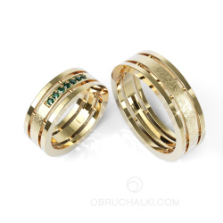 Широкие парные обручальные кольца из желтого золота с зелеными бриллиантами COMBO ICE GREEN DIAMONDS фото