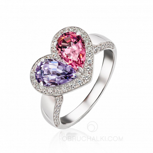 Необычное кольцо женское с цветными бриллиантами огранки груша TOGETHER IN HEART на заказ фото