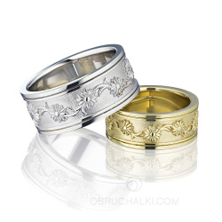 Широкие обручальные кольца CHAMOMILES с объемным орнаментом в виде ромашек фото