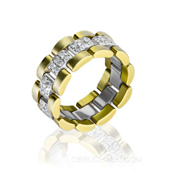 Широкое красивое обручальное кольцо-браслет комбинированное с бриллиантами фото