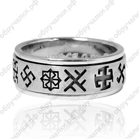 Вращающееся белое обручальное кольцо гравированными славянскими символами на заказ фото 3