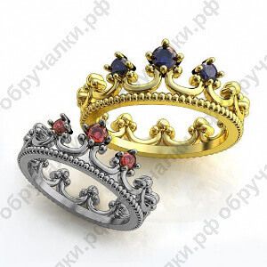 Легкие венчальные кольца в виде корон с сапфирами и рубинами на заказ фото