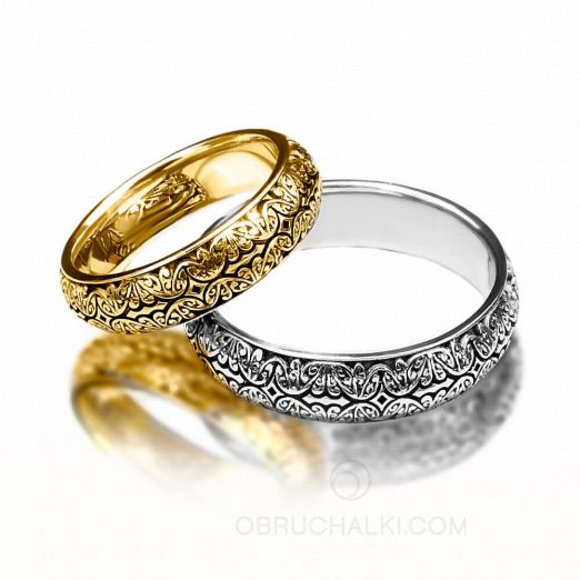 Красивые черненые обручальные кольца с резным орнаментом  на заказ фото 2