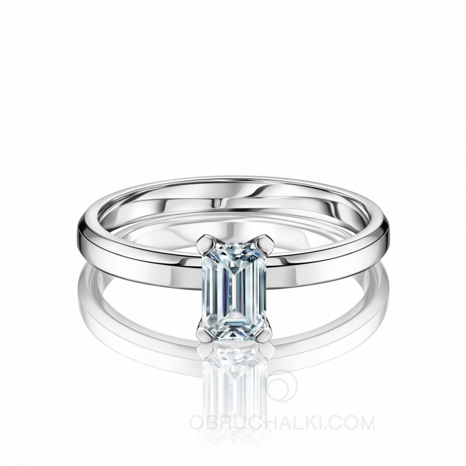Кольцо на помолвку из белого золота с бриллиантом изумрудной огранки EMERALD LINE
