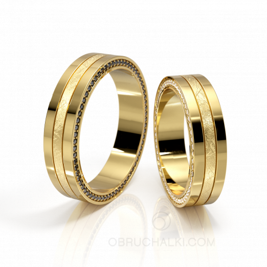 Обручальные парные кольца из золота с белыми и черными бриллиантами BLACK KING & WHITE QUEEN   на заказ фото