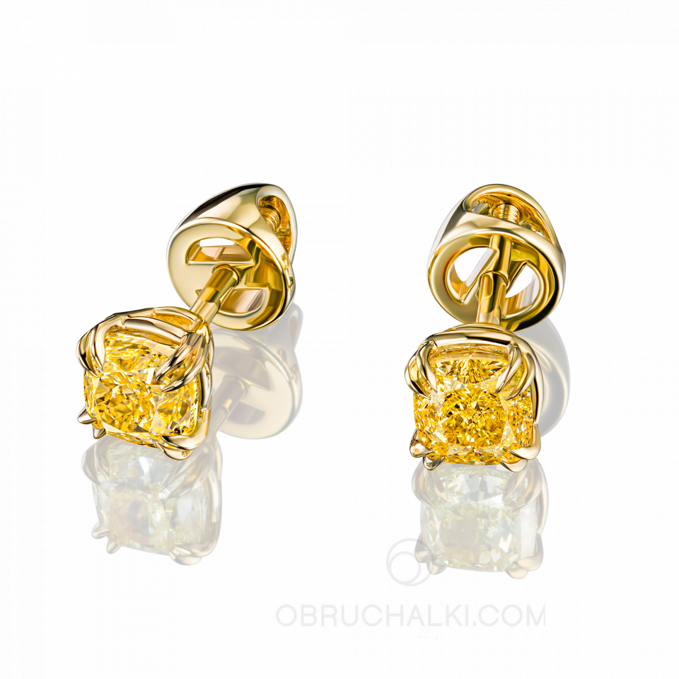 Золотые серьги-пусеты с желтыми бриллиантами огранки кушон GOLDEN GLOW