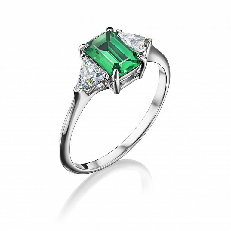 Помолвочное женское кольцо из белого золота с изумрудом и бриллиантами EMERALD HARMONY