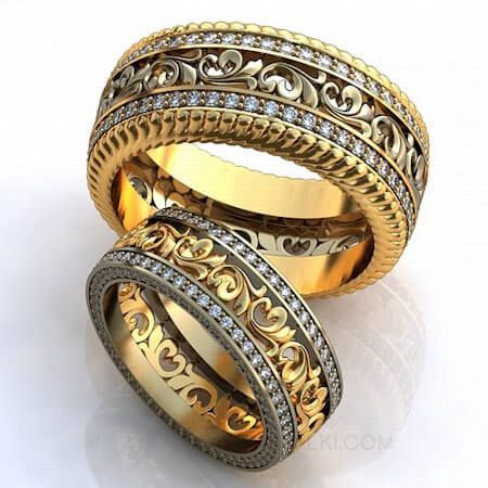 Парные обручальные кольца с растительным орнаментом и дорожками из бриллиантов IRISES на заказ фото 4