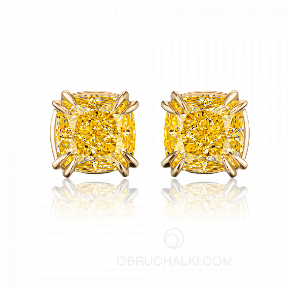 Золотые серьги-пусеты с желтыми бриллиантами огранки кушон GOLDEN GLOW