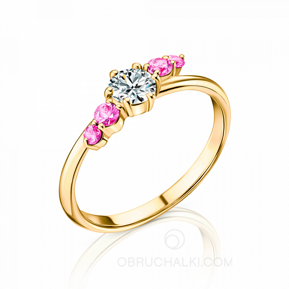 Изящное помолвочное кольцо с бриллиантом и розовыми сапфирами PINK SAPPHIRE DUET