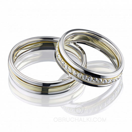 Двухцветные обручальные кольца с волнообразной бриллиантовой дорожкой на заказ фото 3