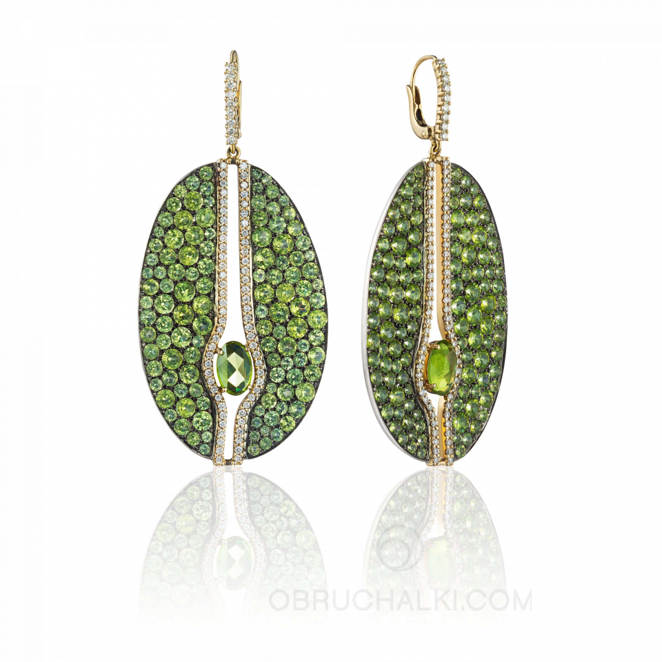 Женские крупные серьги с хризолитами и бриллиантами GREEN RHAPSODY