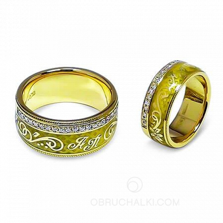 Эксклюзивные обручальные кольца с инициалами бриллиантами и эмалью  на заказ фото 2