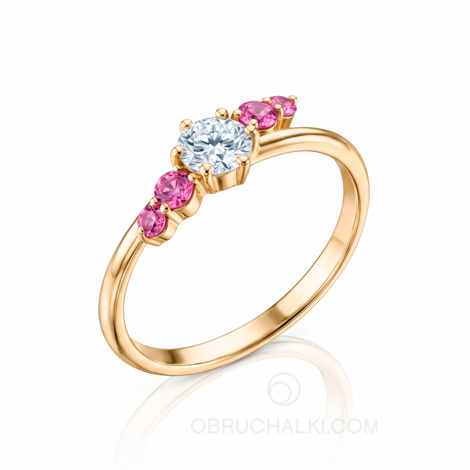 Изящное помолвочное кольцо с бриллиантом и розовыми сапфирами PINK SAPPHIRE DUET