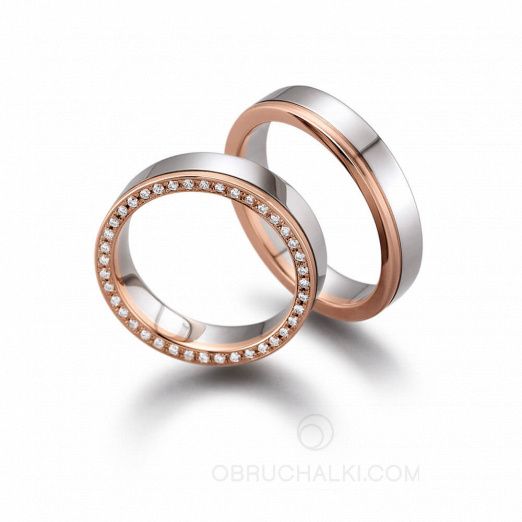 Парные обручальные кольца с бриллиантами DIAMOND CIRCLE BICOLOR на заказ фото