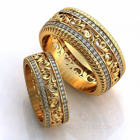 Парные обручальные кольца с растительным орнаментом и дорожками из бриллиантов IRISES на заказ фото