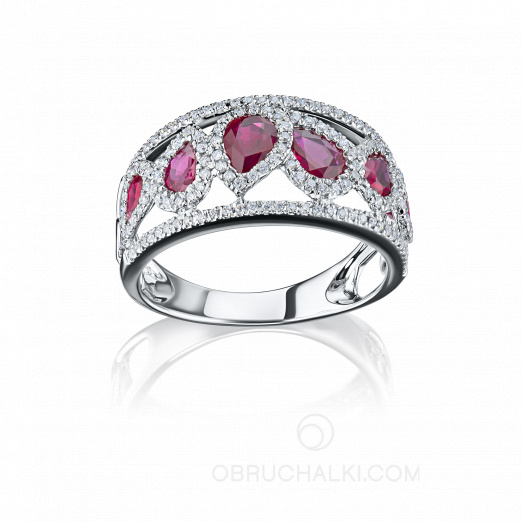 Женское кольцо из белого золота с бриллиантами и рубинами  ELEGANT DROP на заказ фото 2