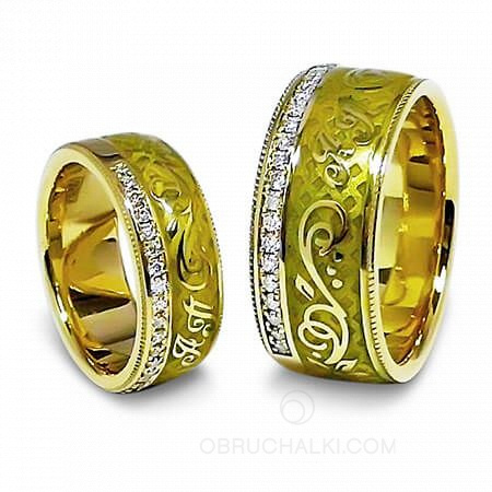 Эксклюзивные обручальные кольца с инициалами бриллиантами и эмалью  на заказ фото 3