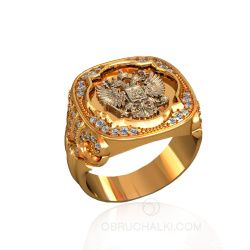Кольцо - печатка с гербом из желтого золота с бриллиантами  фото
