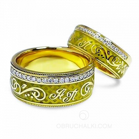 Эксклюзивные обручальные кольца с инициалами бриллиантами и эмалью на заказиз белого и желтого золота, серебра, платины или своего металла