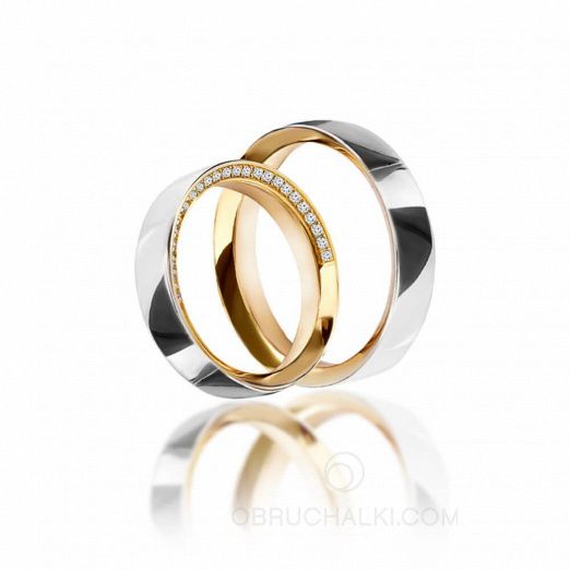 Классические обручальные комбинированные кольца с бриллиантами на заказ фото
