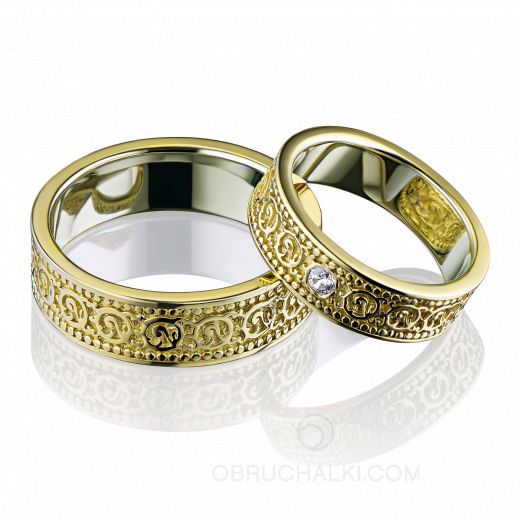 Обручальные кольца с красивым орнаментом и бриллиантом FANCY PATTERN на заказ фото 2