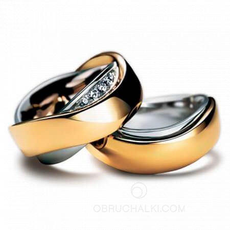 Оригинальные обручальные кольца Волна комбинированные с бриллиантами на заказ фото