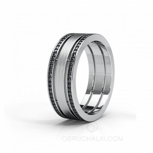 Мужское обручальное кольцо с матовой поверхностью с черными бриллиантами COMBO BONNIE & CLYDE на заказ фото