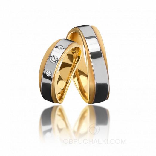 Обручальные комбинированные кольца необычной формы  на заказ фото