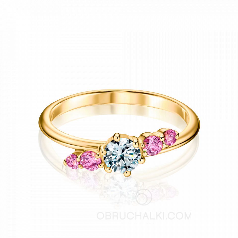 Изящное помолвочное кольцо с бриллиантом и розовыми сапфирами PINK SAPPHIRE DUET