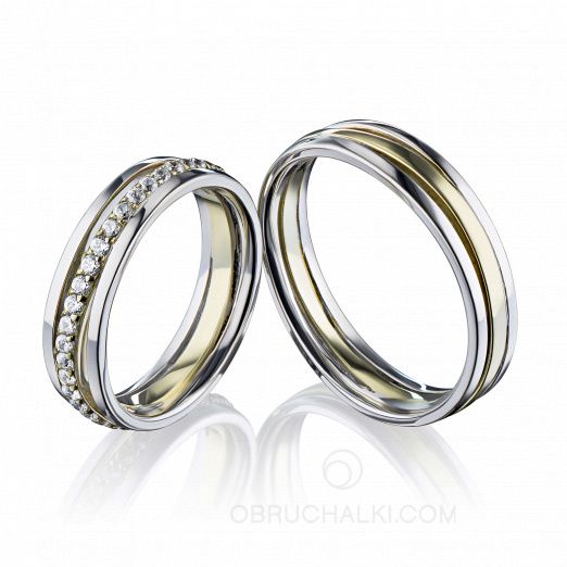 Двухцветные обручальные кольца с волнообразной бриллиантовой дорожкой на заказ фото 2