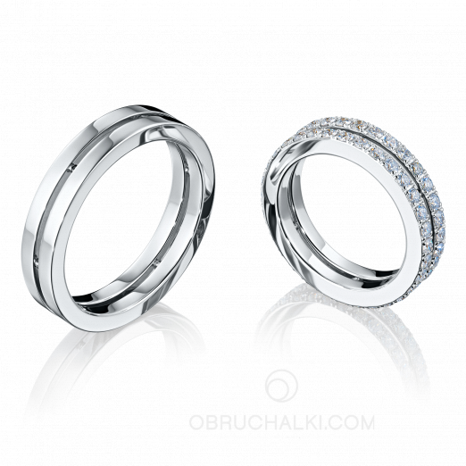Парные обручальные кольца с двумя бриллиантовыми дорожками в кольце невесты COMBO DUET  на заказ фото 2