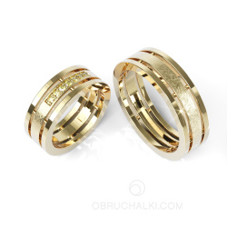Широкие парные обручальные кольца из желтого золота с желтыми бриллиантами COMBO ICE YELLOW DIAMONDS фото