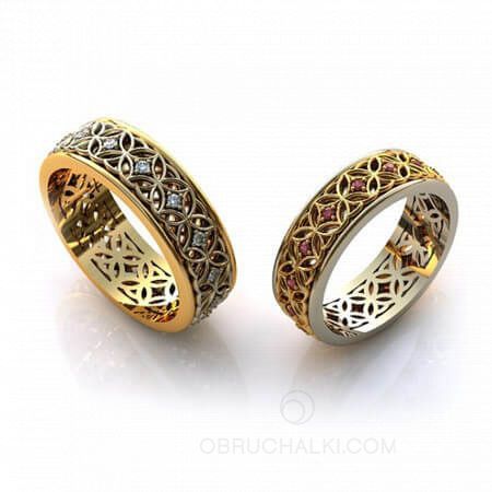 Оригинальные обручальные кольца с крутящейся серединой с бриллиантами и рубинами  на заказ фото