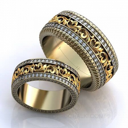 Парные обручальные кольца с растительным орнаментом и дорожками из бриллиантов IRISES на заказ фото 3