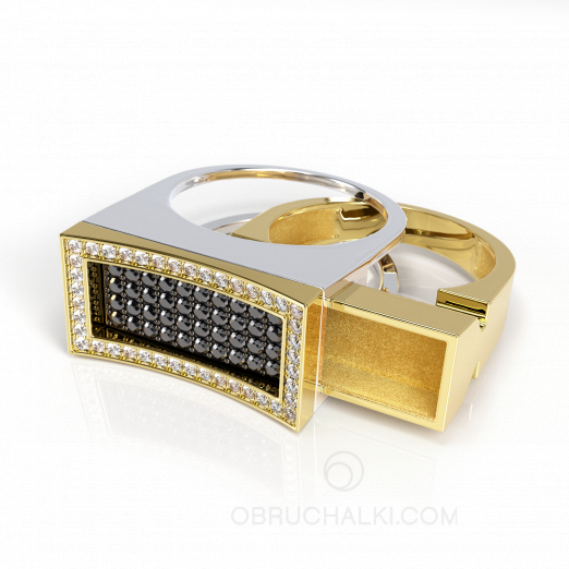 Мужская печатка-трансформер SECRET из комбинированного золота с белыми и черными бриллиантами на заказ фото 3