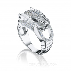 Кольцо-перстень женское пантера из белого золота с бриллиантами  фото