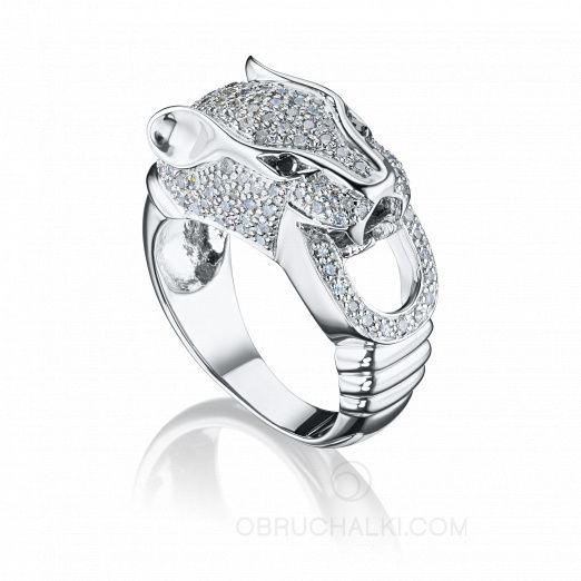 Кольцо-перстень женское пантера из белого золота с бриллиантами  на заказ фото