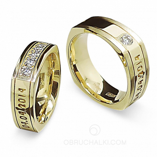 Оригинальные обручальные кольца с датой свадьбы с бриллиантами на заказ фото 2