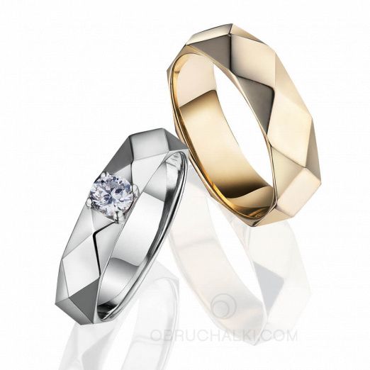 Граненые обручальные кольца с крупным бриллиантом на заказ фото 2