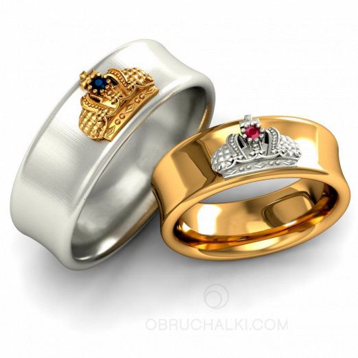 Венчальные кольца Короны комбинированные с бриллиантами и самоцветами на заказ фото