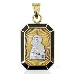 Ладанка из комбинированного золота с ликом Божьей Матери и горячей эмалью фото