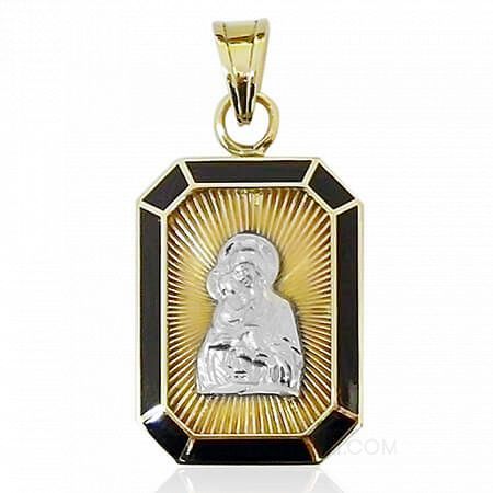 Ладанка из комбинированного золота с ликом Божьей Матери и горячей эмалью на заказ фото