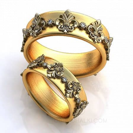 Матовые обручальные кольца с белыми лилиями и бриллиантами  на заказ фото