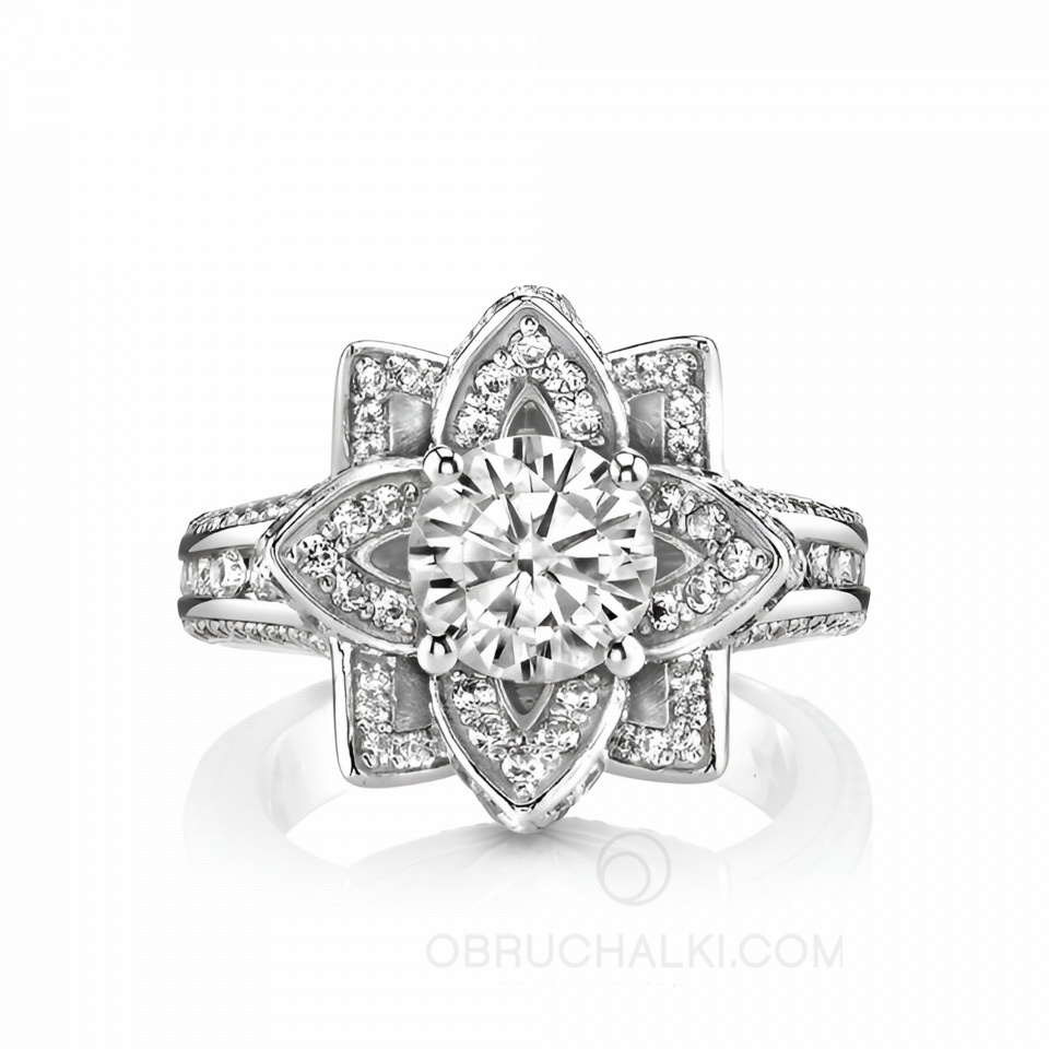 Женское кольцо в виде цветка с большим бриллиантом WHITE FLOWER