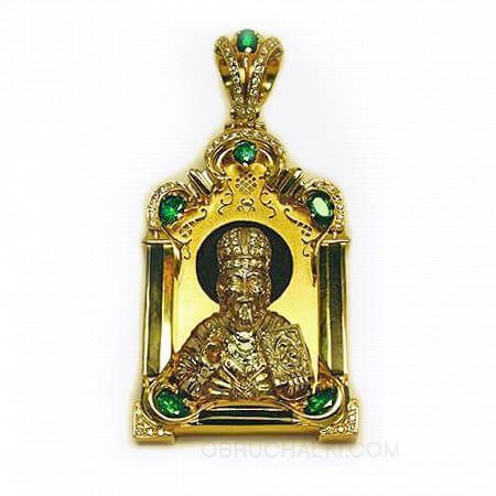 Ладанка Николай Чудотворец с изумрудами и бриллиантами  на заказ фото