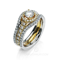 Помолвочное и обручальное кольцо из комбинированного золота с бриллиантами HALO фото