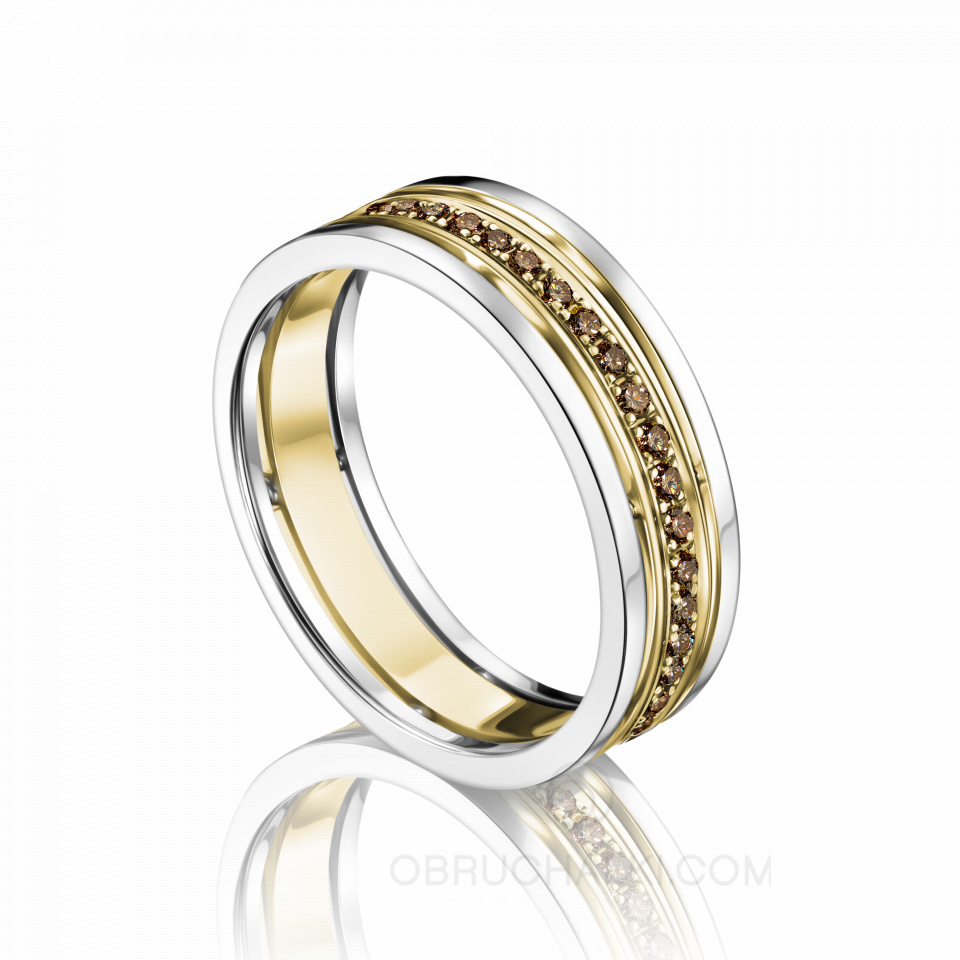 Мужское обручальное кольцо из комбинированного золота с коньячными бриллиантами COMBO COLOR DIAMONDS
