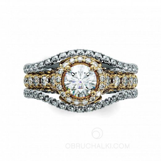 Помолвочное и обручальное кольцо из комбинированного золота с бриллиантами HALO на заказ фото 4