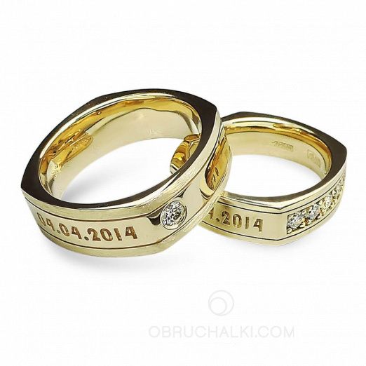 Оригинальные обручальные кольца с датой свадьбы с бриллиантами на заказ фото